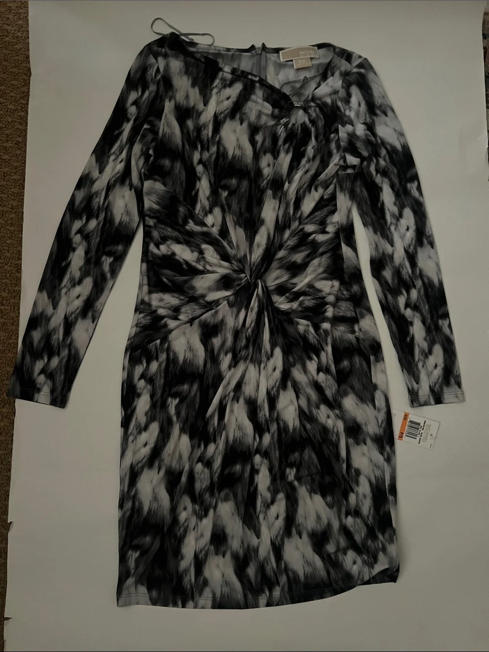 Michael Kors Black and White Twist-Front Long Sleeve Dress